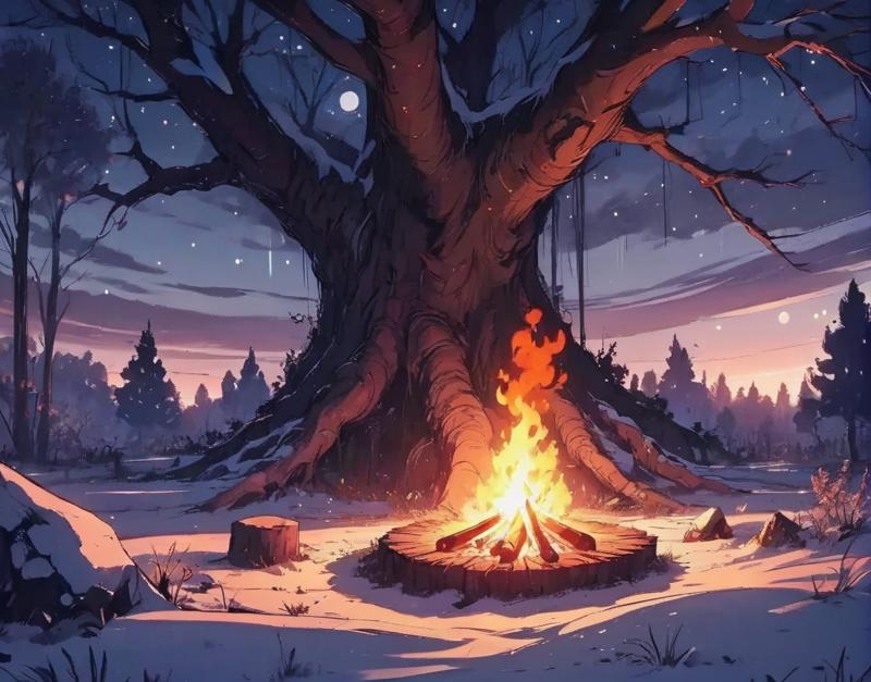 00519-[number]-272917092-Dreamyvibes artstyle, a bonfire set near a tree with a giant hole, after midnight in a distant section of lost woods. Snowy but.png